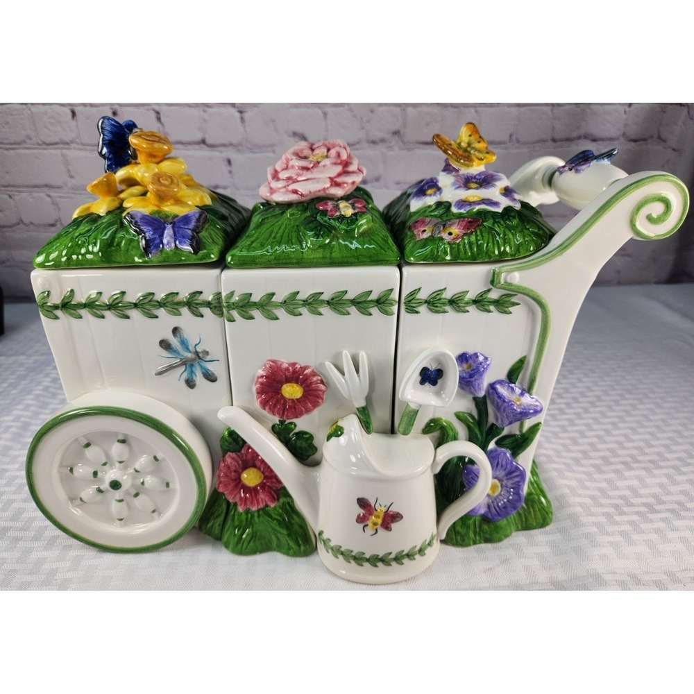 Portmeirion Botanic Garden Cart 3 Pc Canister Set Cookie Snack Gardening Flowers